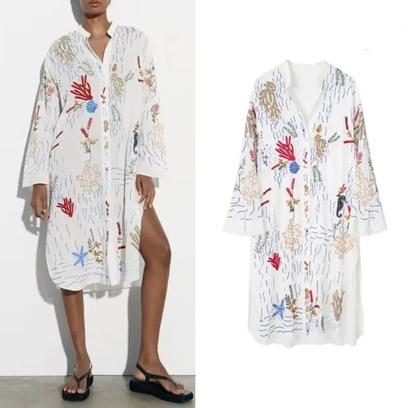 Lena Vie Embroidered Ocean Life Long Sleeve Cotton Button Down Tunic - Picture 2 of 8